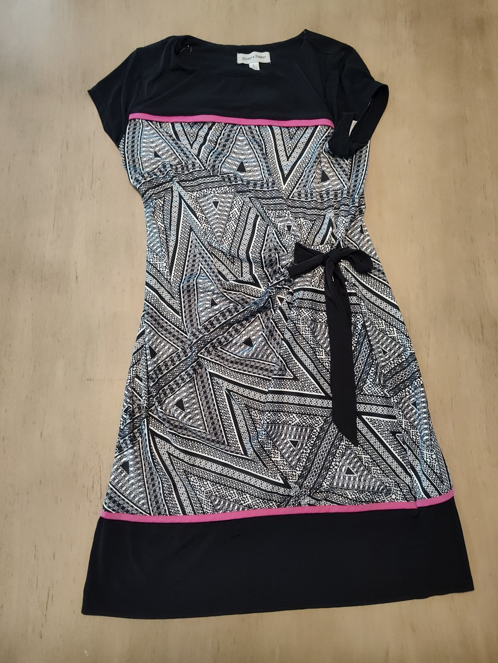 Shelby & Palmer Black, White & Pink Geometric Midi Dress